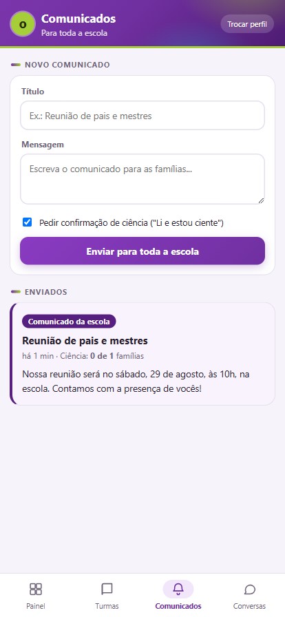 Tela de comunicados com formulário de envio e contagem de ciência