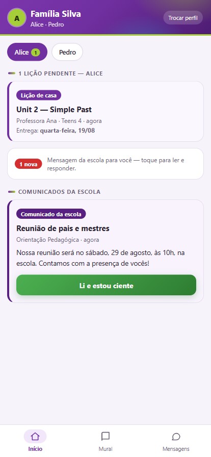 Tela inicial da família com os filhos Alice e Pedro, lição pendente e comunicado