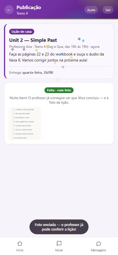 Lição feita com foto: selo verde de confirmação e a foto enviada