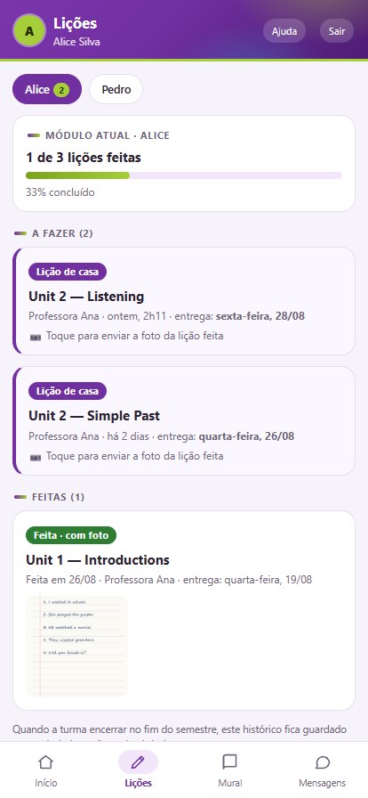 Aba Lições com a barra de progresso do módulo, as lições a fazer e as lições feitas com foto
