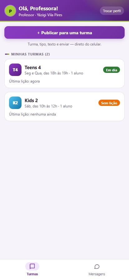 Tela do professor com as turmas, horários e o botão Publicar