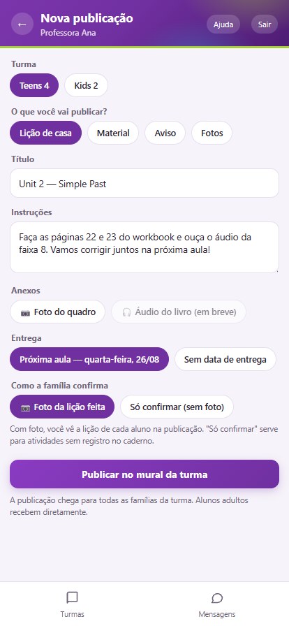Tela de nova publicação com turma, tipo, título, instruções, entrega e como a família confirma