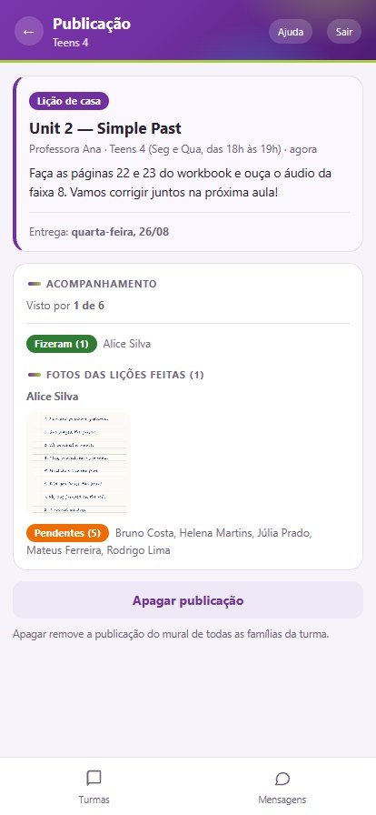 Acompanhamento da lição: visto por, fizeram com a foto da lição e pendentes com nomes